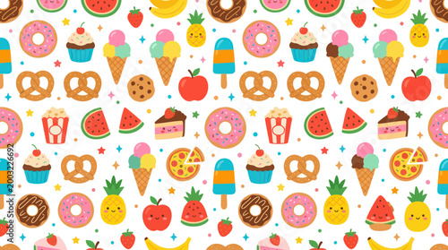 Cute Flat Cartoon Food Pattern: Seamless Vector Illustration of Sweet Desserts, Snacks  Fruits