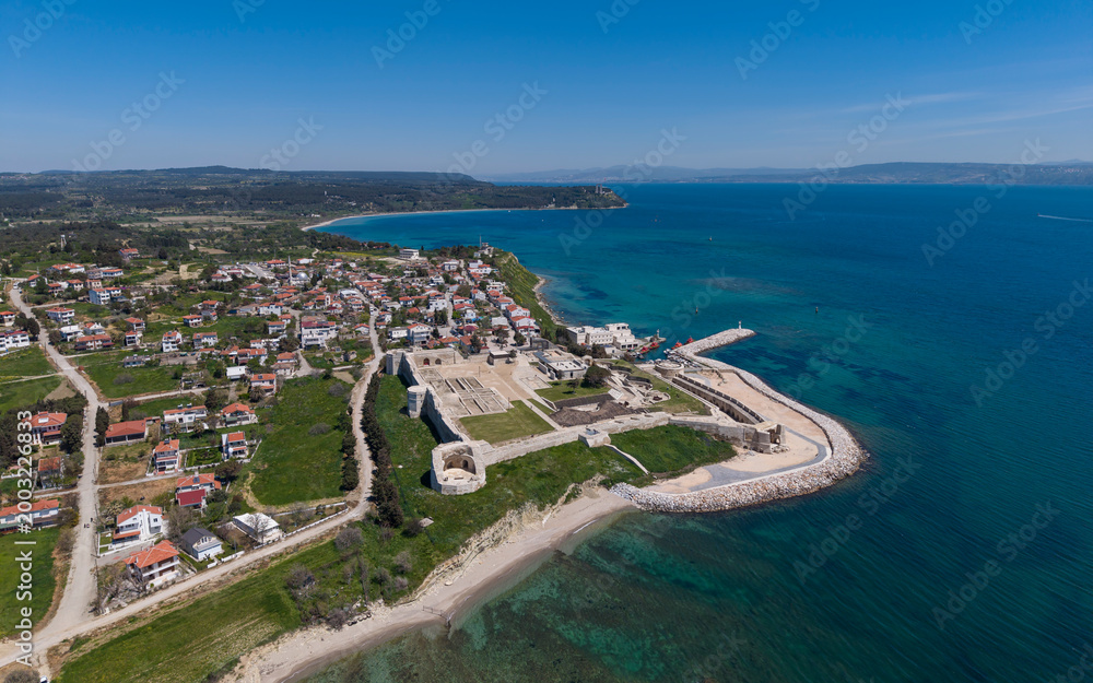 Fototapeta premium Aerial View of Seddulbahir Castle at Dardanelles Entrance in Canakkale Gallipoli Coast Turkey Ottoman Fortress