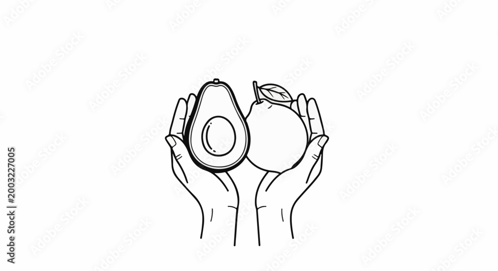 Obraz premium Two hands hold an avocado half and a whole citrus fruit
