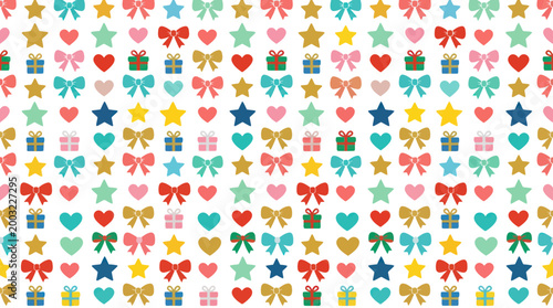 Cute Cartoon Seamless Pattern of Colorful Bows, Hearts, and Gifts