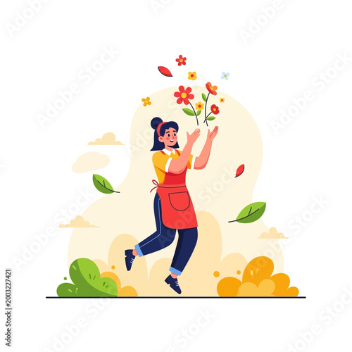 Happy Female Gardener Tossing Flowers in the Air, Joyful Woman in Apron Celebrating Springtime, Flat Vector Illustration