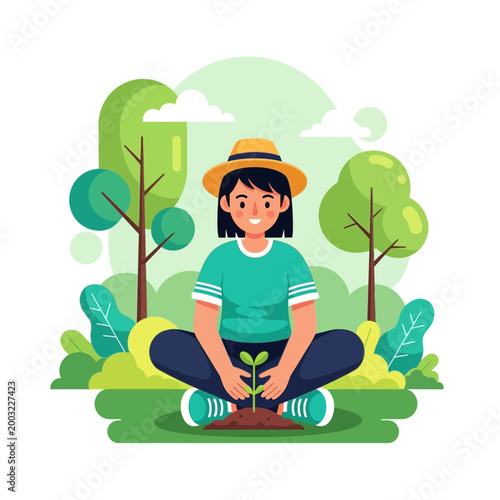 Young Woman Planting a Seedling Vector Illustration: Environmental Conservation and Sustainability Concept