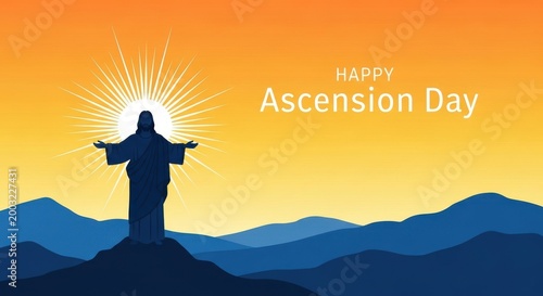 Happy Ascension Day greeting card, silhouette of Jesus Christ with open arms on mountain, religious Christian holiday banner with sunrise