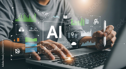 AI Technology at Work: A person utilizes advanced AI technology to analyze data and innovate future technologies, fostering an environment of progress and digitalization.