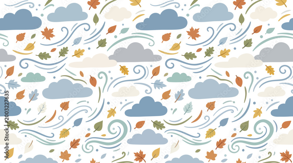 Obraz premium Autumn Fall Leaves Windy Sky Clouds Seamless Pattern Flat Style