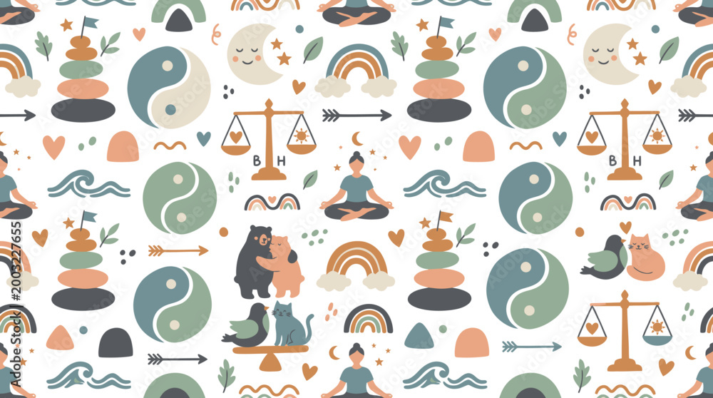 Fototapeta premium Wellness and Mindfulness Flat Illustration Pattern with Balance and Harmony Symbols