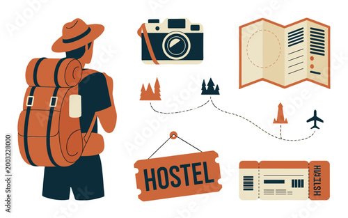 A traveler with essentials like a camera, map, and hostel sign.