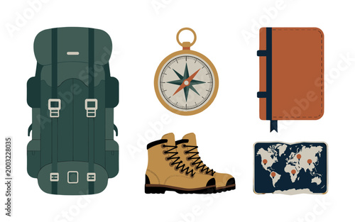 Hiking gear essential items and equipment prepared for travel.