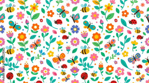 Cute Children's Nature Seamless Pattern: Flat Vector Illustration of Bugs and Flowers