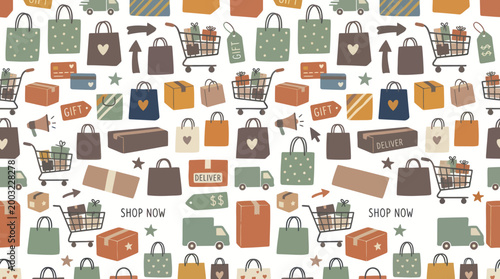 Shopping Cart, Bags, Boxes, Trucks, Delivery Icons - Flat Vector Art