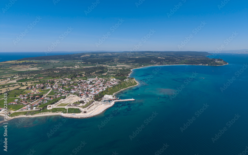 Fototapeta premium Aerial View of Seddulbahir Castle at Dardanelles Entrance in Canakkale Gallipoli Coast Turkey Ottoman Fortress