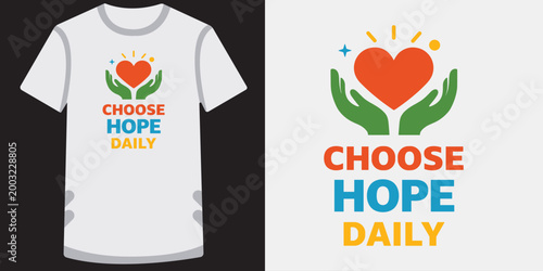 Choose hope daily inspirational quote t shirt design with heart held by human hands icon.