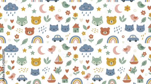 Cute Baby  Kids Flat Illustration Seamless Pattern with Animals, Rainbows, and Nursery Elements