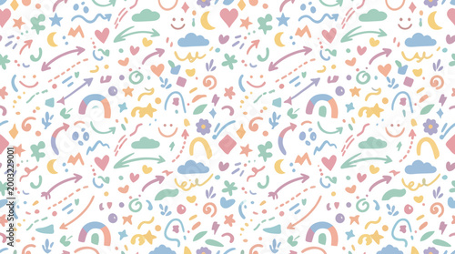 Cute Kawaii Seamless Pattern with Rainbows, Hearts, Stars, Clouds, Smiles