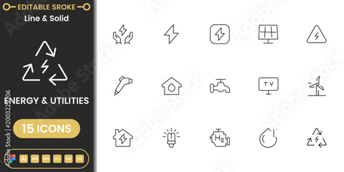 Modern energy and utilities icon pack featuring electricity, power grid, renewable sources and home utility services clean vector set
