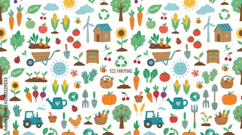 Eco Farming Seamless Pattern with Cute Flat Cartoon Farm Elements, Vegetables, and Gardening Tools