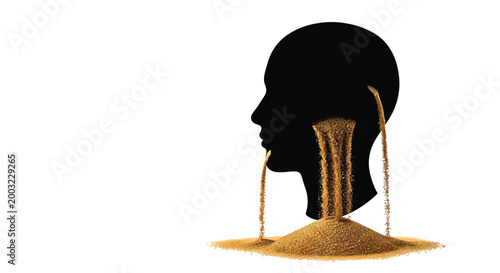 Conceptual vector illustration of a silhouette head with sand pouring out symbolizing loss of memory