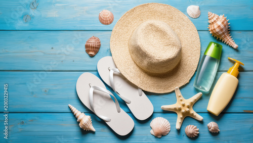 Summer beach accessories flat lay with straw hat flip-flops sunscreen bottles and seashells on blue wooden background, travel concept