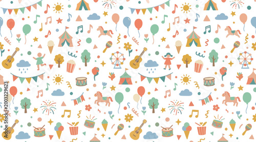 Cute Circus Pattern with Carnival Elements, Flat Design