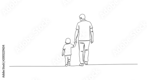 Father and child walking, holding hands, minimalist line art illustration, family bonding, love