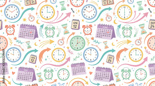 Vector Seamless Pattern of Clocks, Calendars, and Hourglasses in Flat Style