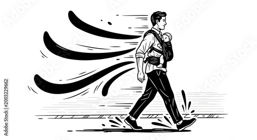 Rushing businessman, walking man, motion blur, black and white, vector illustration, office worker
