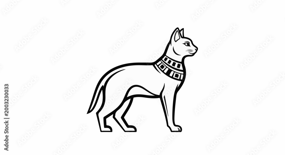 Fototapeta premium Stylized black outline of an ancient Egyptian cat with a decorative collar