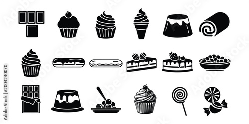 Black and white dessert icons a sweet collection of treats and confections