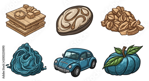 Food icons, blue car, fruit and nuts, colorful vector illustrations, snack and vehicle graphics