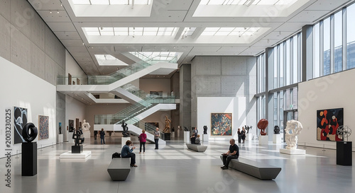 Modern art gallery interior with sculptures and people