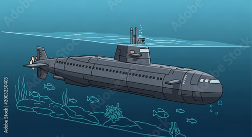 Submarine Underwater Exploration Vessel in Ocean.