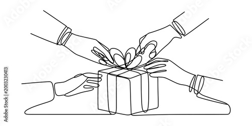 Multiple hands opening a gift box with ribbon, continuous line drawing Vector, illustration