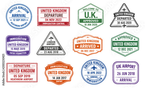 United kingdom immigration stamp collection. Vintage travel badges with arrival departure and approved labels. Retro airport passport style