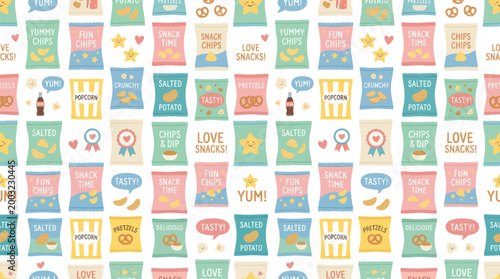 Seamless pattern of colorful cartoon snack bags, chips, popcorn, pretzels, soda