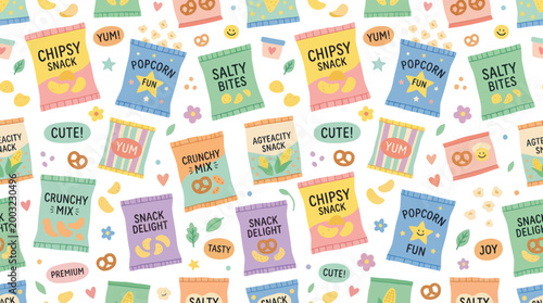 Cute Snack Bags Pattern - Food, Fun, Party, Vector Art