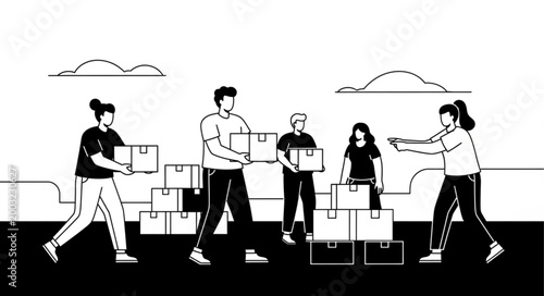 Team of People Carrying Boxes During Move.