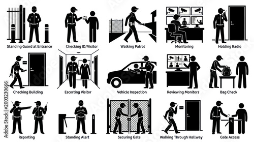 Security Guard Icons: Vector Black and White Icons Illustrating Security Services