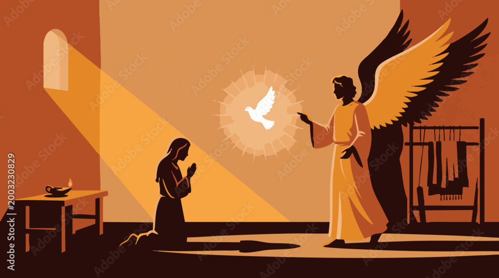 Naklejka premium Beautiful religious vector illustration portraying the biblical annunciation scene where a divine winged angel visits virgin mary delivering a sacred message alongside a glowing white dove holy spirit