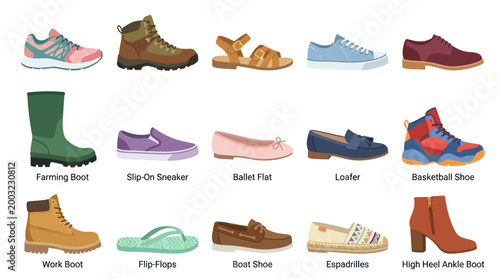 Footwear Collection: Diverse Shoe Types Flat Vector Illustration