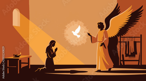 Beautiful religious vector illustration portraying the biblical annunciation scene where a divine winged angel visits virgin mary delivering a sacred message alongside a glowing white dove holy spirit