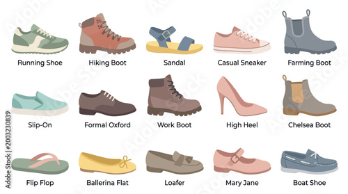 Flat Design Shoe Icons Set, Footwear Collection, Vector Illustration