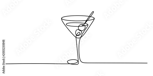 Minimalist single line drawing of a martini glass with olives and a cocktail stick, simple elegant vector illustration Vector, illustration