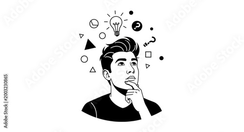 Thoughtful Young Man with Hand on Chin and Creative Icons.