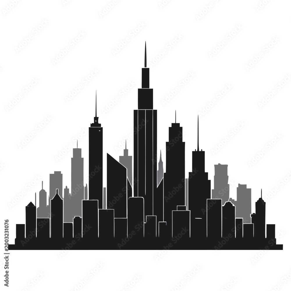 Obraz premium layered city skyline silhouette with multiple depth levels and overlapping modern skyscrapers isolated on white