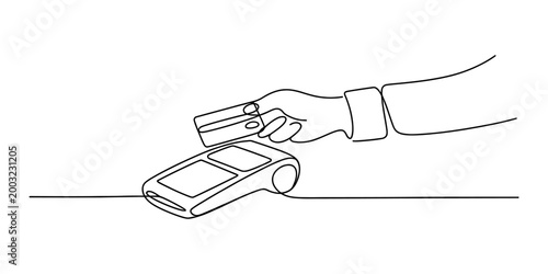 Hand holding credit card to pay at point of sale terminal, continuous line drawing