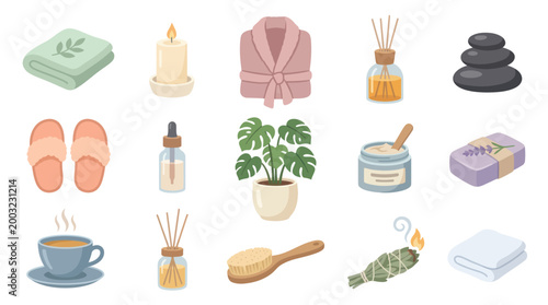 Spa and wellness flat vector icons: towel, candle, robe, diffuser, stones, slippers, plant