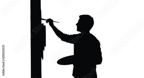 Minimalist black silhouette illustration of an artist painting a vertical black line with a paintbrush and palette.