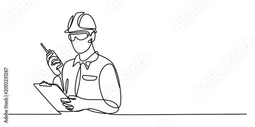 Construction worker in hard hat holding walkie-talkie and clipboard, one line drawing