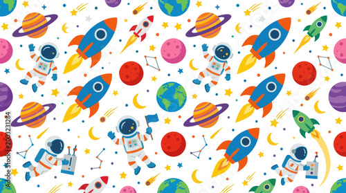 Cute Space Rockets, Astronauts, Planets Seamless Pattern Vector Art