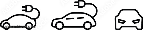 Set of electric car icons, vector line art for eco-friendly vehicle and charging station design.